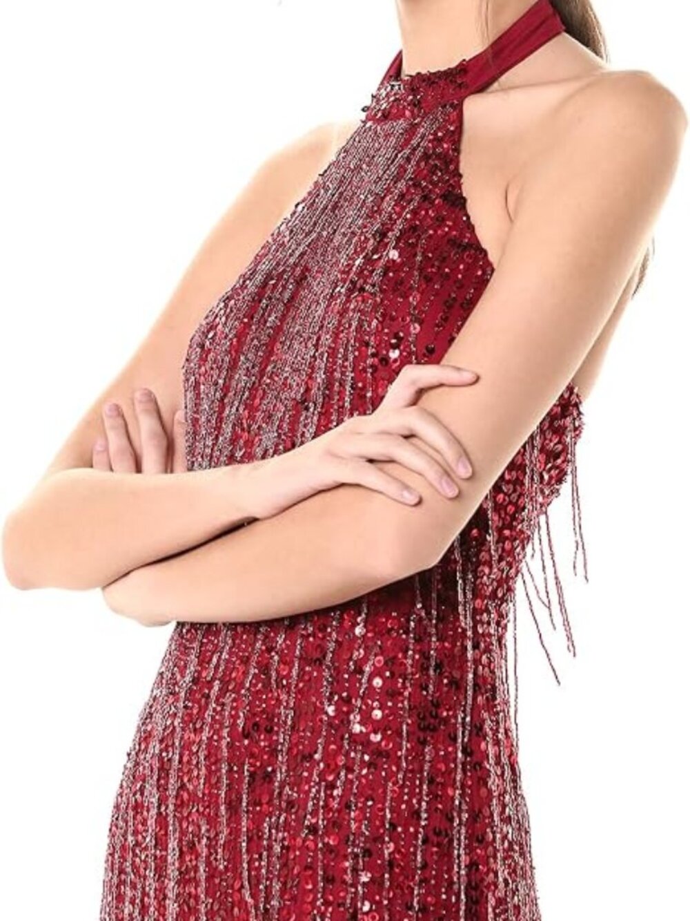 $598 NWT ADRIANNA PAPELL BEADED FRINGE HALTER BALLET GOWN SIZE 16 CRANBERRY